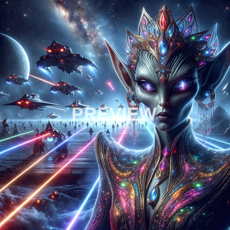 A highly detailed and fantastical digital artwork depicting an alien-like female figure with elaborate, jewel-adorned headgear, set against a sci-fi space scene with spaceships, planets, and laser beams.
